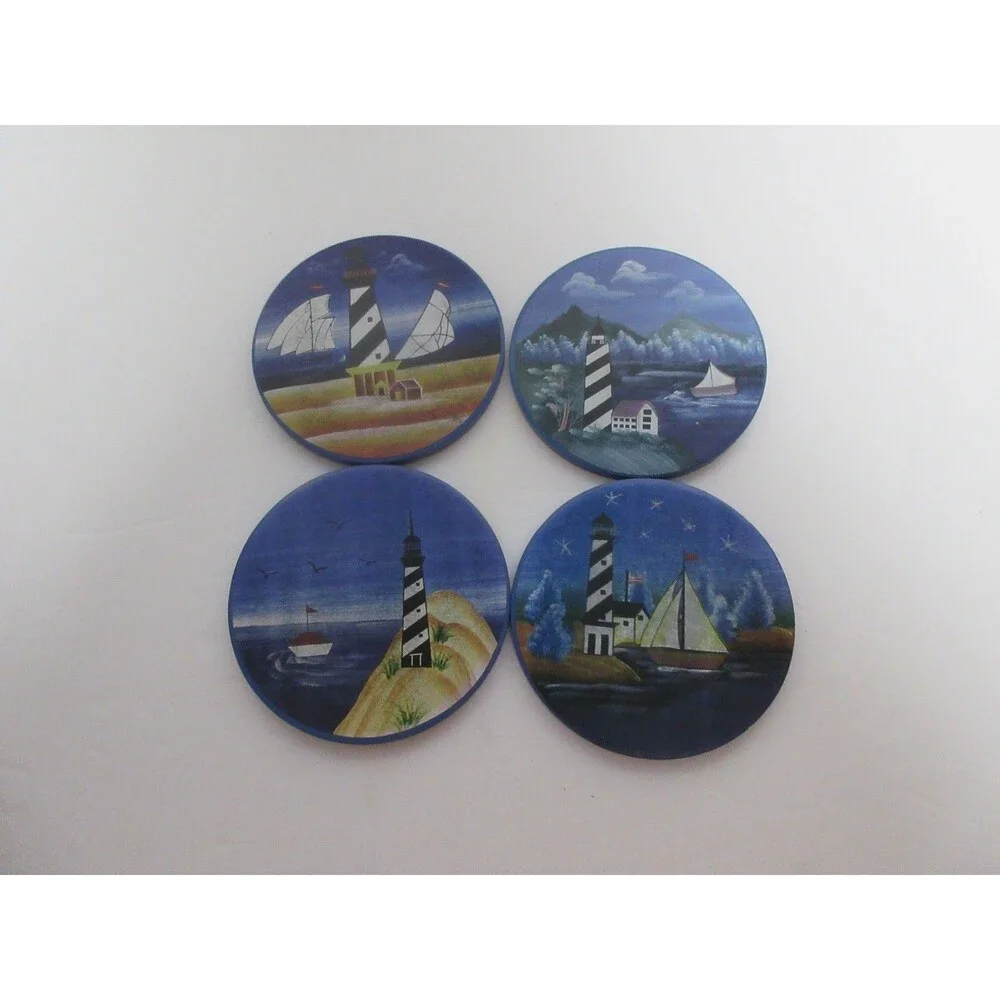 Set of 4 Lighthouse Theme Coasters in Ceramic Holder Beach House Ocean